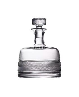 Clear crystal whisky decanter with etched banding and cut stopper, product shot on white