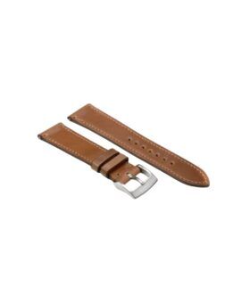 Natural tan shell cordovan leather watch strap with brushed steel buckle, flat lay
