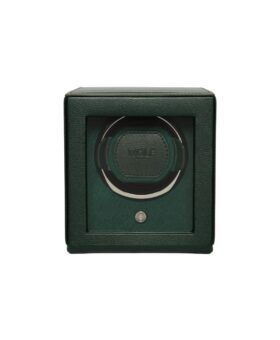 Green pebbled leather single watch winder with glass cover and chrome-trimmed cuff, front view