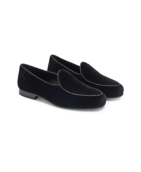 Black velvet Albert slippers with leather piping and low heel, angled product shot