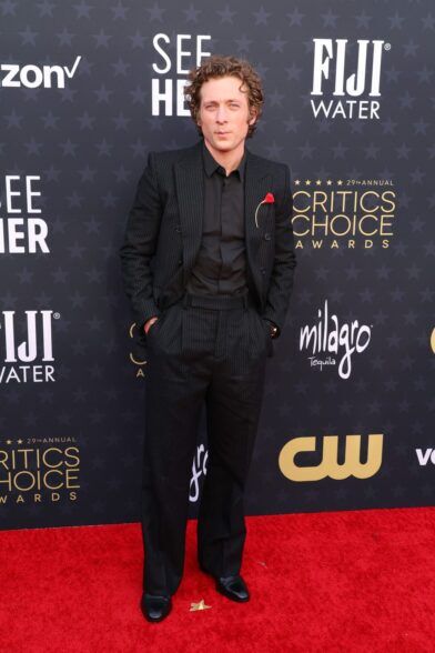 Black pinstripe double-breasted suit with black shirt and red boutonniere, worn on a red carpet