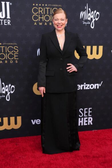 Black peak lapel tuxedo jacket with satin sleeve panels and matching floor-length skirt, worn on a red carpet