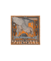 Orange and chalk silk pocket square with winged Pegasus and Greek temple print, flat lay
