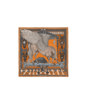 Orange and chalk silk pocket square with winged Pegasus and Greek temple print, flat lay