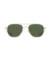 Gold-frame aviator sunglasses with green lenses and double bridge, front flat lay