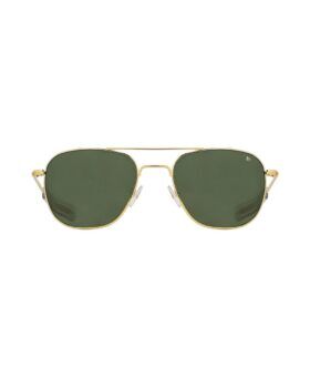 Gold-frame aviator sunglasses with green lenses and double bridge, front flat lay