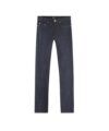 Raw indigo selvedge denim five-pocket jeans in a straight leg cut, flat lay
