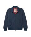 Navy cotton Harrington jacket with zip front, ribbed cuffs and red tartan lining, flat lay