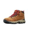 Tan suede mid-cut hiking boot with red laces and black lugged sole, product shot