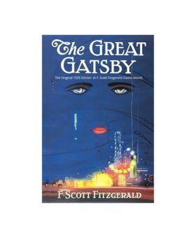Book cover of The Great Gatsby by F. Scott Fitzgerald with blue night sky and eyes artwork