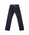 Indigo raw selvedge denim straight cut jeans with contrast tan stitching, flat lay