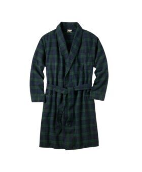 Black Watch plaid flannel robe in navy and green with shawl collar and tie belt, flat lay