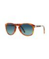 Folding pilot sunglasses with light tortoise acetate frame and blue gradient lenses, three-quarter product view
