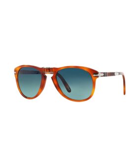 Folding pilot sunglasses with light tortoise acetate frame and blue gradient lenses, three-quarter product view