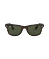 Tortoise acetate wayfarer sunglasses with green lenses, front view flat lay