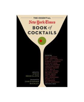 The Essential New York Times Book of Cocktails, black and cream cover with martini glass and olive, front cover view