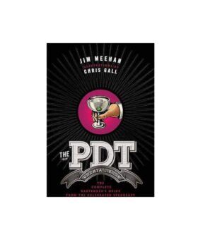 The PDT Cocktail Book by Jim Meehan, black hardcover with pink martini glass illustration, front cover