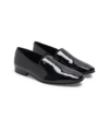 Black patent leather formal slip-on loafers, angled pair product shot