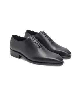 Black box calf wholecut oxford shoes with leather soles, angled product view