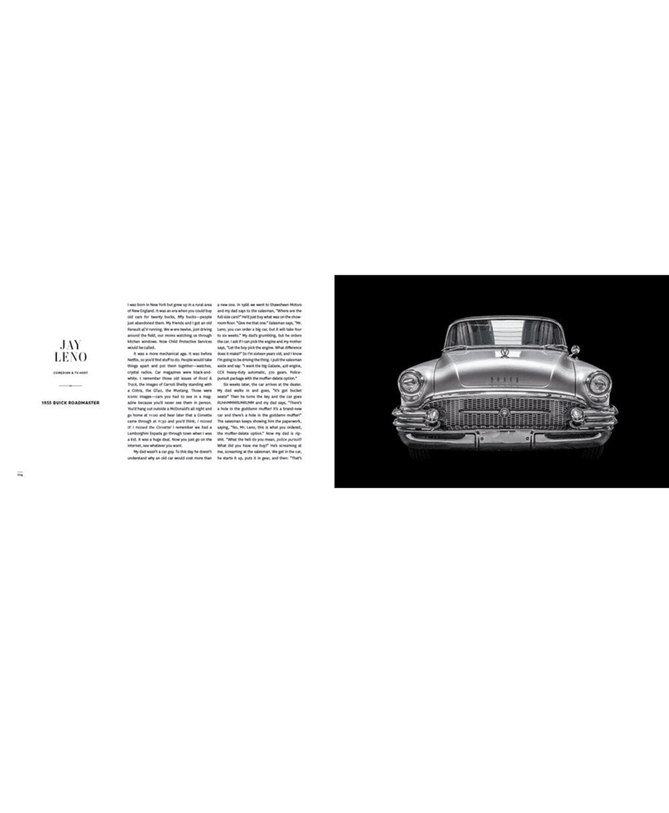 Book spread from A Man and His Car featuring a Jay Leno essay and a silver 1955 Buick Roadmaster front view