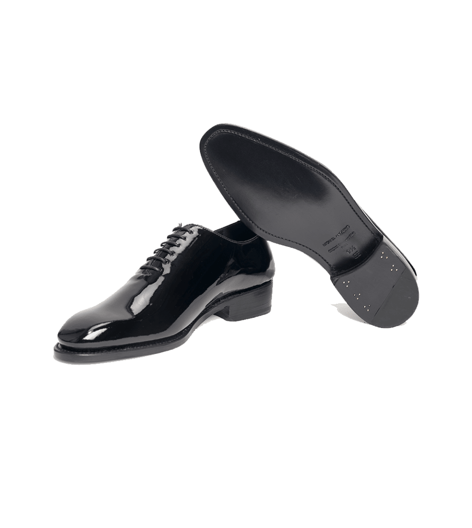 Black patent leather wholecut formal lace-up shoes with leather sole shown, product view