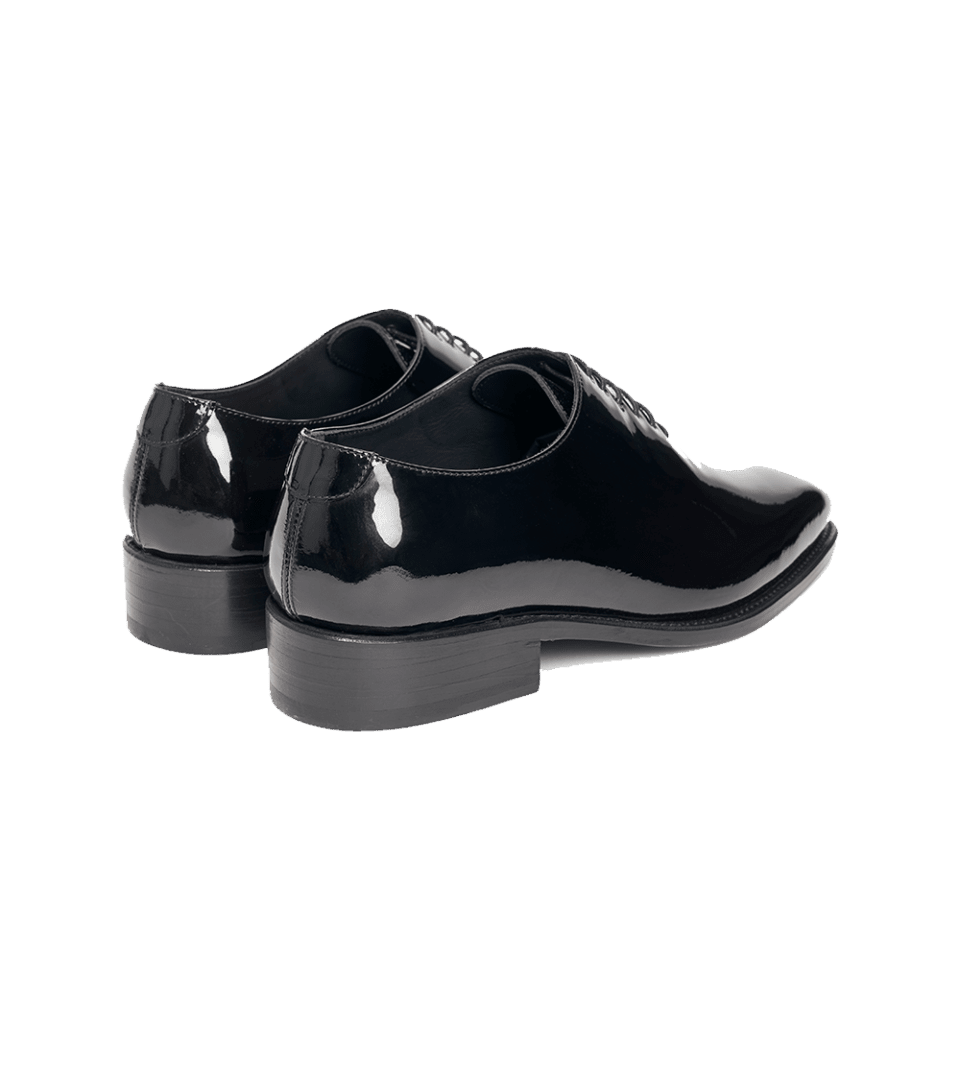 Black patent leather wholecut lace-up formal shoes, rear three-quarter view