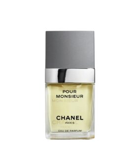 Pour Monsieur eau de parfum in a clear rectangular glass bottle with grey and silver cap, product shot