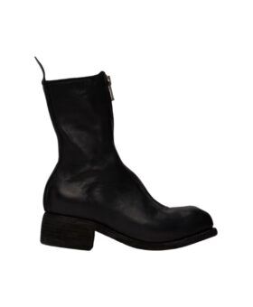 Black horse leather front-zip ankle boot with stacked wooden heel, side view