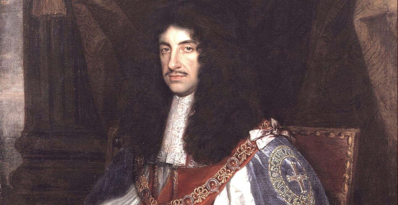 White lace cravat with red and blue ceremonial robes and gold collar chain, in a painted portrait of Charles II