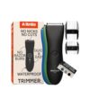 Black waterproof body trimmer with ceramic blade, two guard combs and printed box, packaging shot