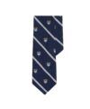 Navy silk repp tie with white double stripes and gold crest shields, flat lay