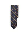 Navy silk club tie with gold stripes and red crest emblems, flat lay