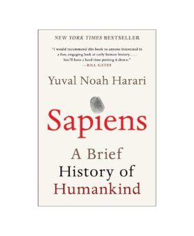 Book cover of Sapiens: A Brief History of Humankind by Yuval Noah Harari, cream with red type, front view