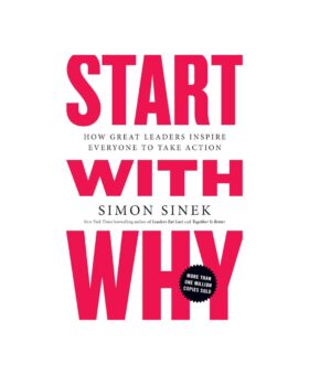 Book cover for Start With Why by Simon Sinek, pink type on white, front cover view