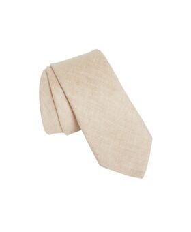 Beige textured linen necktie with pointed tip, folded flat lay