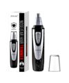 Black and silver waterproof nose and ear hair trimmer with clear cap and retail box, packaging shot