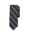 Navy silk repp necktie with red and gold stripes, flat lay