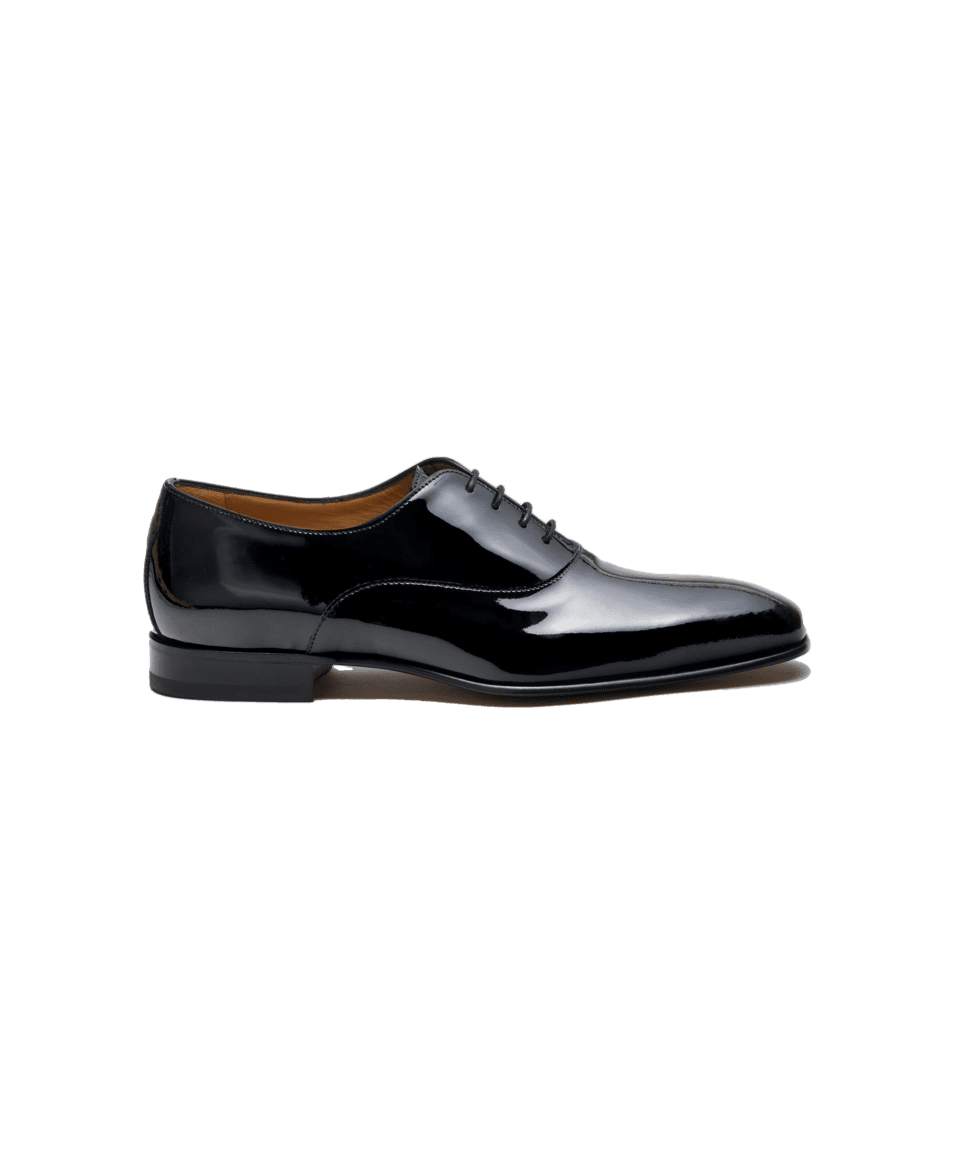 Black patent leather oxford dress shoe with leather sole, side profile product shot