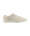Off-white suede low-top sneaker with matching rubber cup sole, side product view