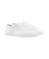 White leather low-top sneakers with matching laces and rubber soles, angled product view