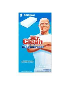 Mr. Clean Magic Eraser Original cleaning pads, four-count blue and white box, packaging shot