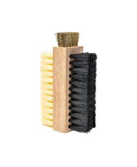Multi-purpose shoe cleaning brush with wood block, black and cream bristles and brass wire end