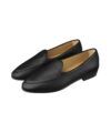 Black grained deerskin slipper loafers with tan leather lining, pair shown at an angle