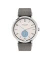 Stainless steel watch with white dial, blue sub-seconds and grey textile strap, flat lay