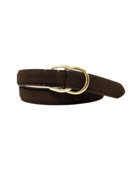 Dark brown suede dress belt with gold double D-ring buckle, coiled flat lay