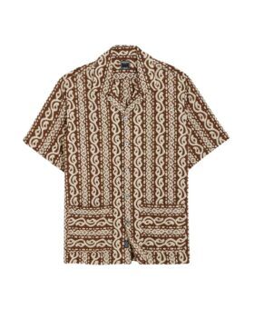 Brown and cream geometric print short sleeve camp collar shirt with chest pockets, flat lay