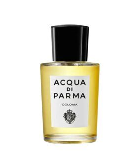 Colonia eau de cologne in clear glass bottle with black cap and white label, product shot