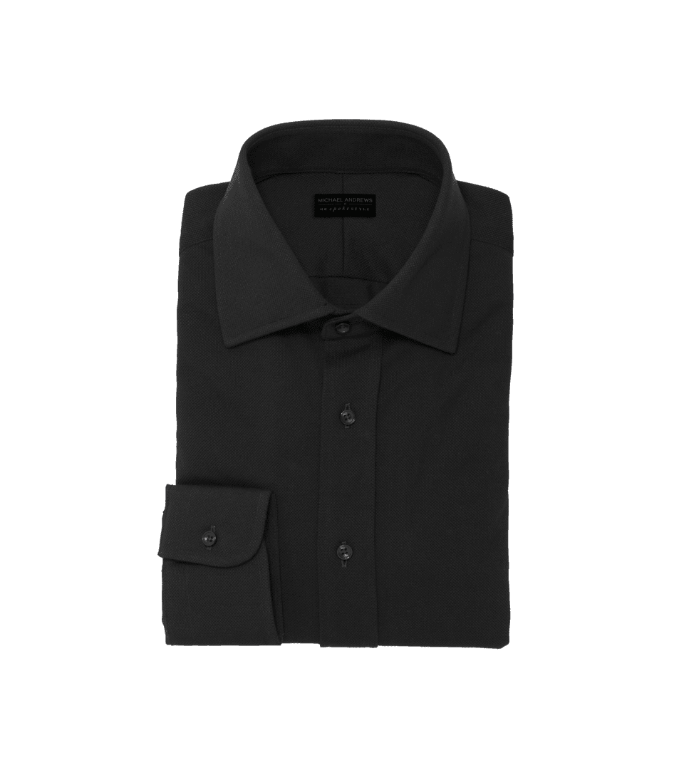 Black cotton pique dress shirt with spread collar and barrel cuff, folded flat lay