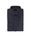 Dark indigo denim button-down collar dress shirt, folded flat lay on black