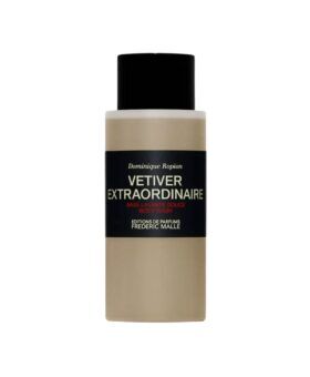 Vetiver Extraordinaire body wash in a taupe bottle with black cap and label, product shot